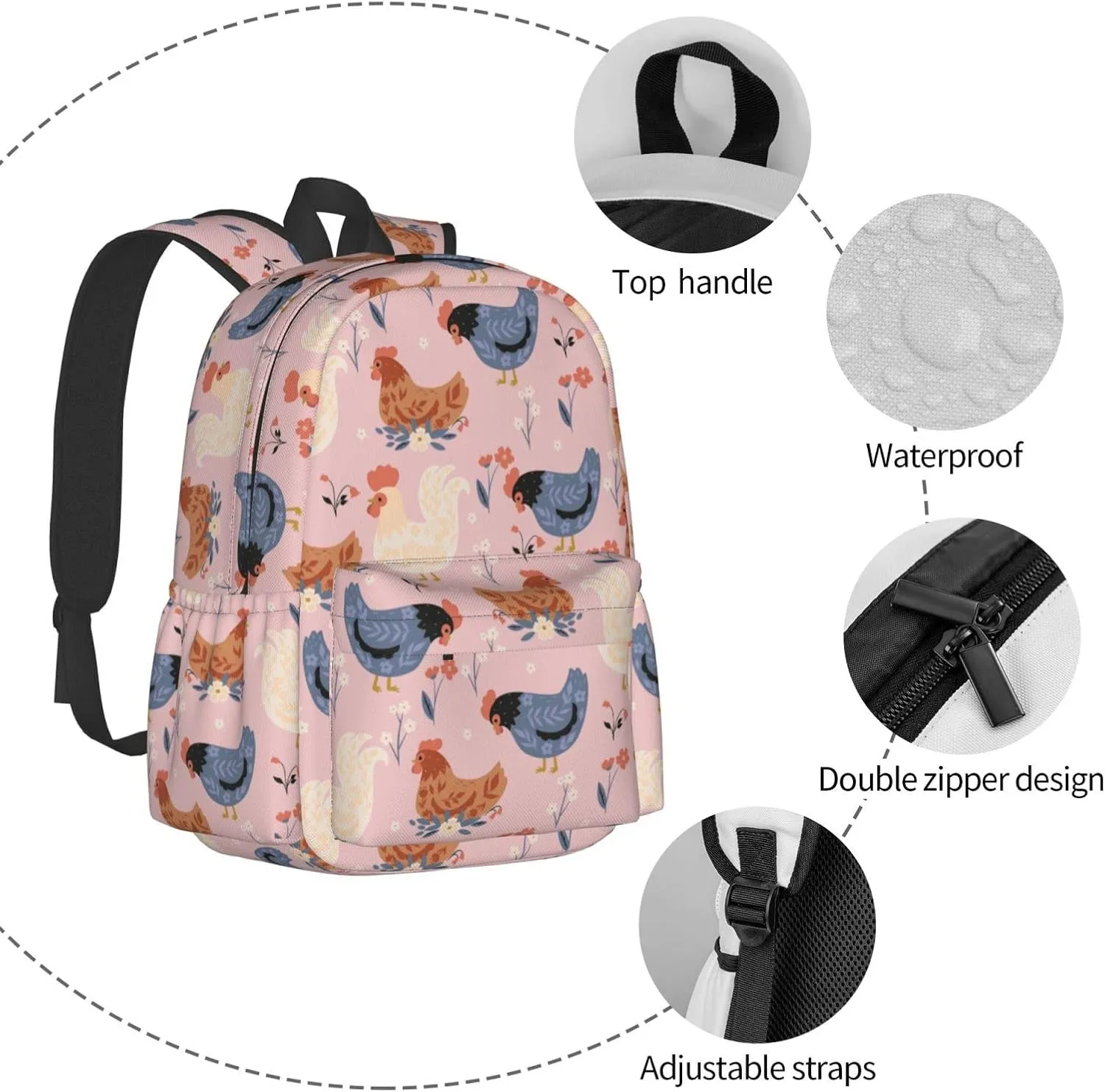 17 inch Backpack Cute Animals Chickens Floral Laptop Backpack School Bookbag Shoulder Bag Casual Daypack