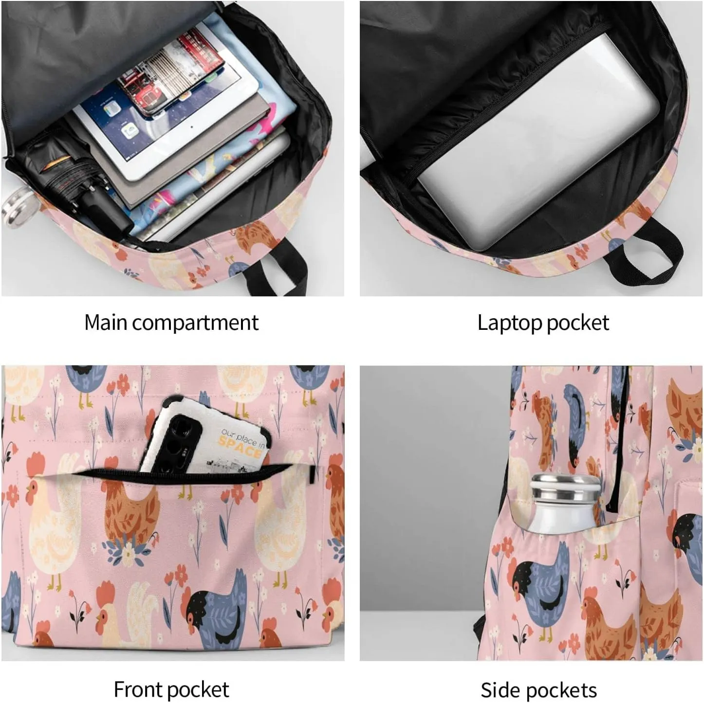 17 inch Backpack Cute Animals Chickens Floral Laptop Backpack School Bookbag Shoulder Bag Casual Daypack