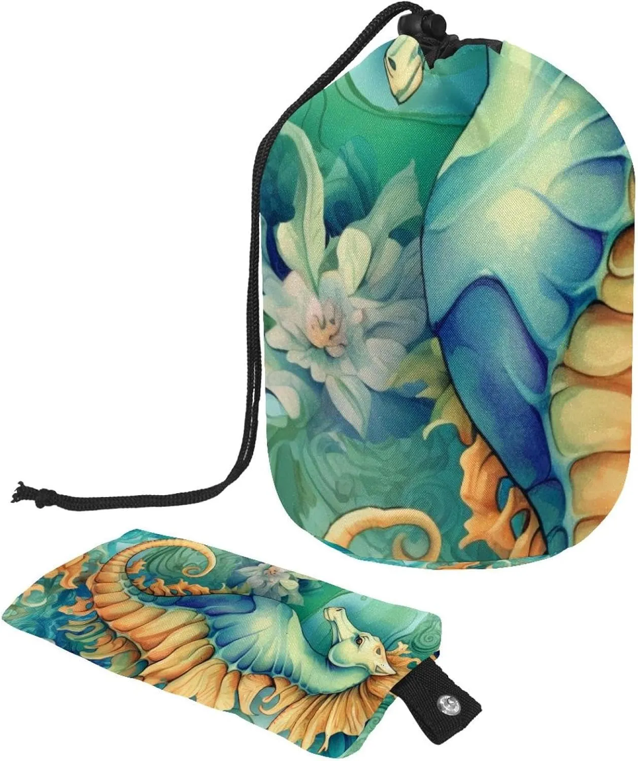 2 Pcs Cosmetic Bag bucket Travel Makeup Bags Large Capacity Soft Waterproof Portable Drawstring Cosmetic Bag, Art Seahorse Blue Ocean