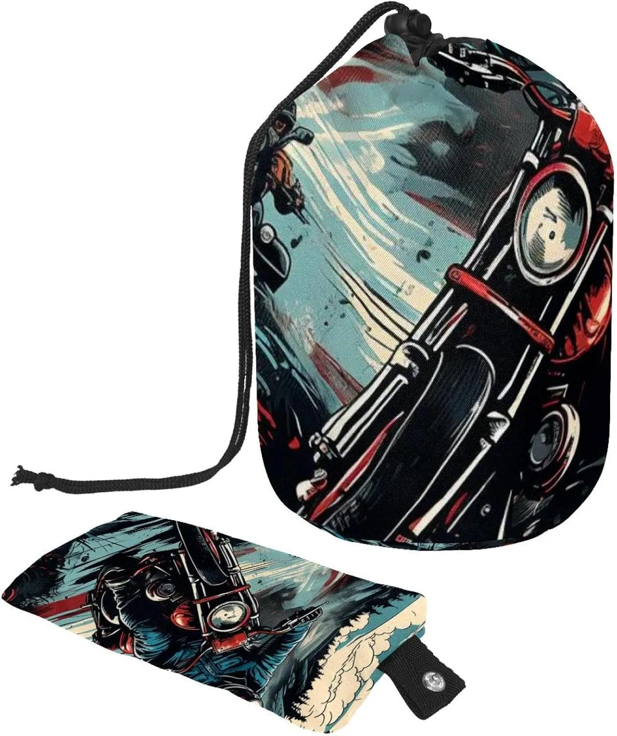 2 Pcs Cosmetic Bag bucket Travel Makeup Bags Large Capacity Soft Waterproof Portable Drawstring Cosmetic Bag, Hand drawn Motorcyclist