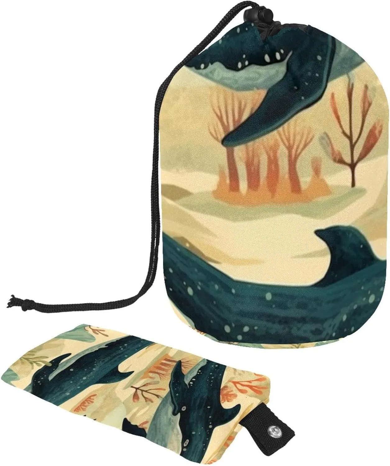 2 Pcs Cosmetic Bag bucket Travel Makeup Bags Large Capacity Soft Waterproof Portable Drawstring Cosmetic Bag, Vintage Whale Seaweed