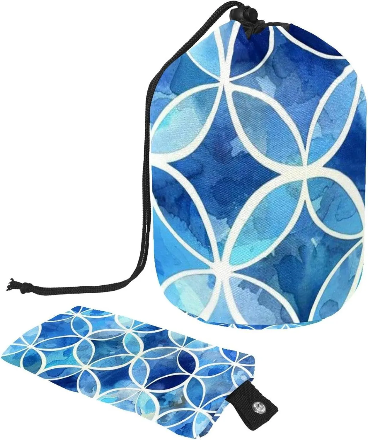 2 Pcs Cosmetic Bag bucket Travel Makeup Bags Large Capacity Soft Waterproof Portable Drawstring Cosmetic Bag, Watercolor Mosaic Blue Circle