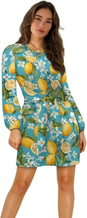2024 Women's Dresses for Wedding Elegant Tie Waist Fall Mini Party Dress Round Neck Long Sleeve Polynesian Skirt