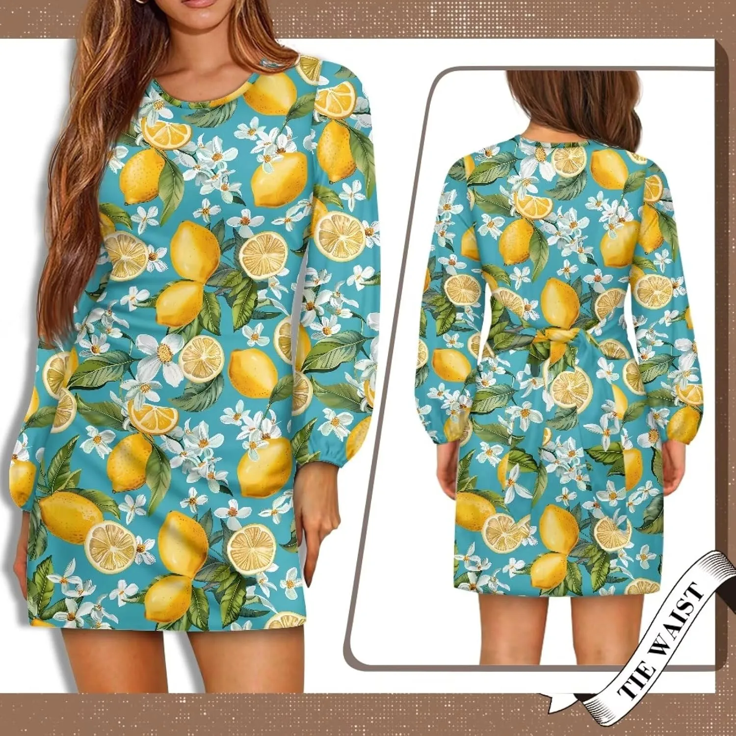 2024 Women's Dresses for Wedding Elegant Tie Waist Fall Mini Party Dress Round Neck Long Sleeve Polynesian Skirt