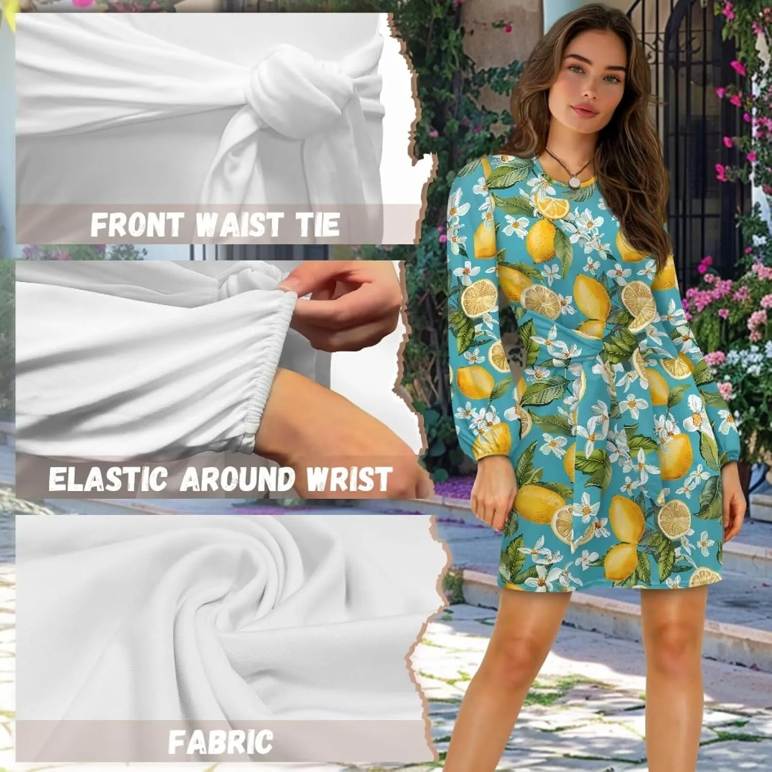 2024 Women's Dresses for Wedding Elegant Tie Waist Fall Mini Party Dress Round Neck Long Sleeve Polynesian Skirt