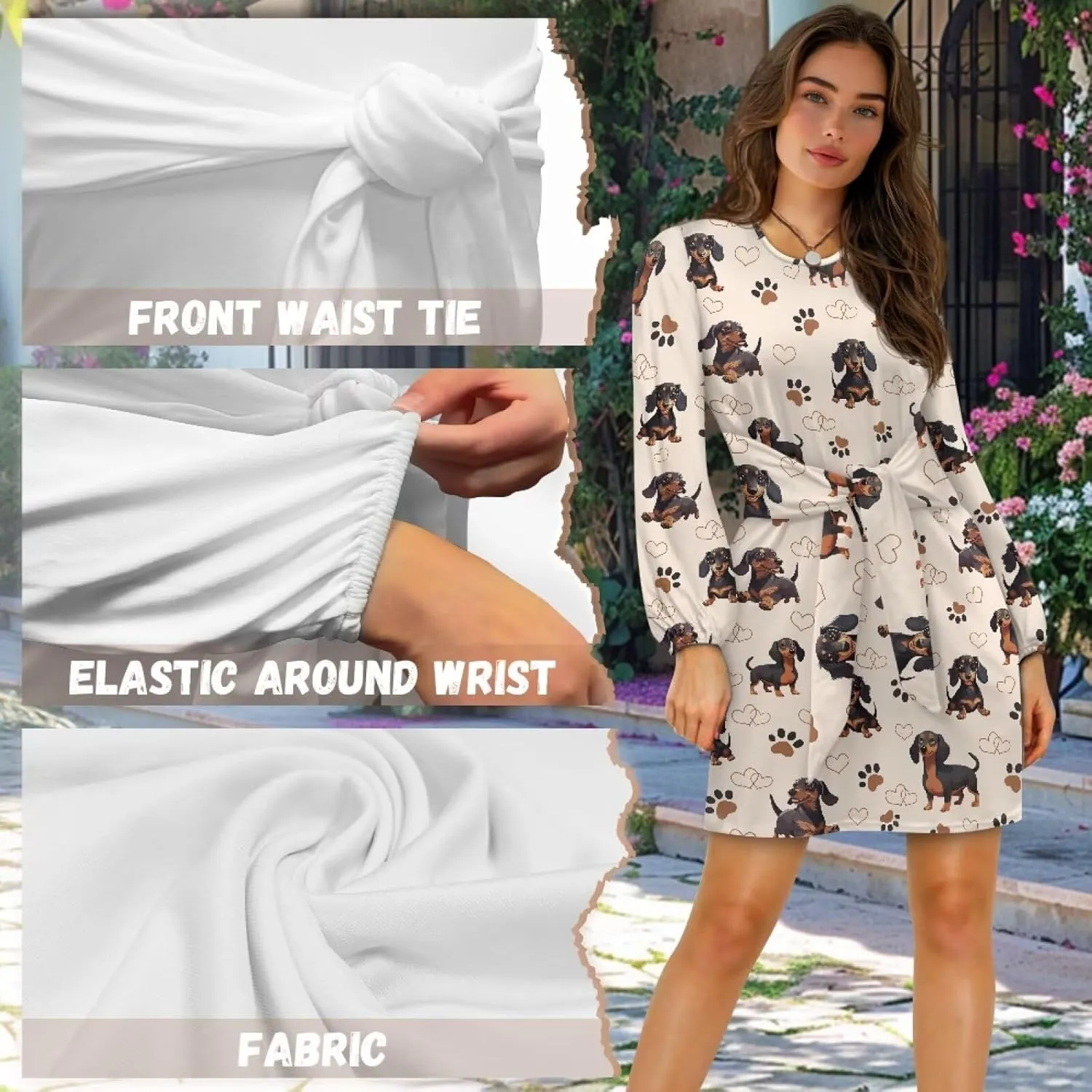 2024 Women's Dresses for Wedding Elegant Tie Waist Fall Mini Party Dress Round Neck Long Sleeve Polynesian Skirt