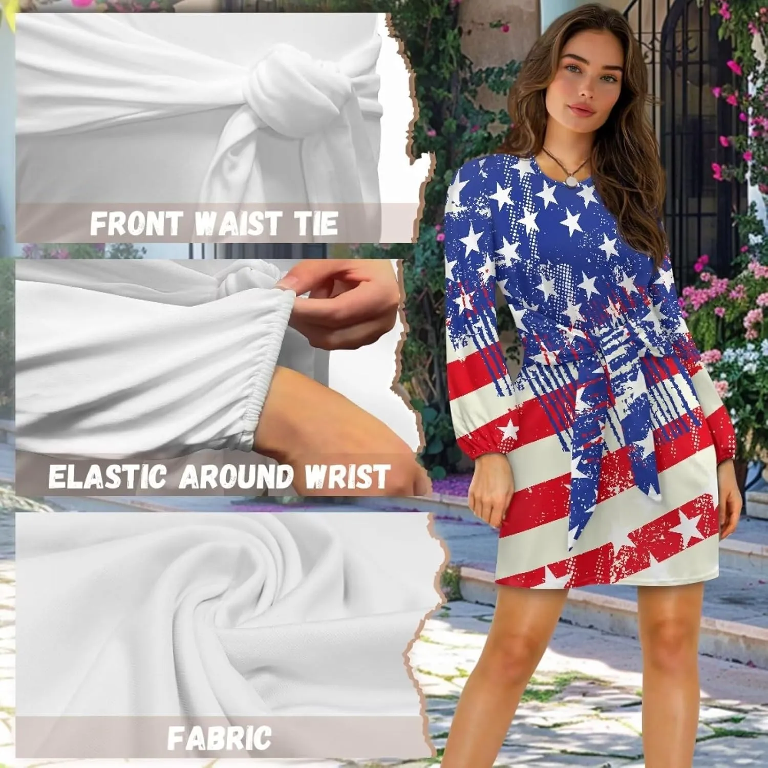 2024 Women's Dresses for Wedding Elegant Tie Waist Fall Mini Party Dress Round Neck Long Sleeve Polynesian Skirt