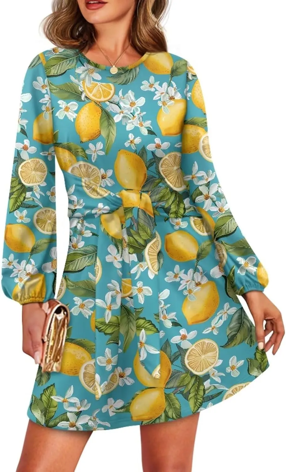 2024 Women's Dresses for Wedding Elegant Tie Waist Fall Mini Party Dress Round Neck Long Sleeve Polynesian Skirt