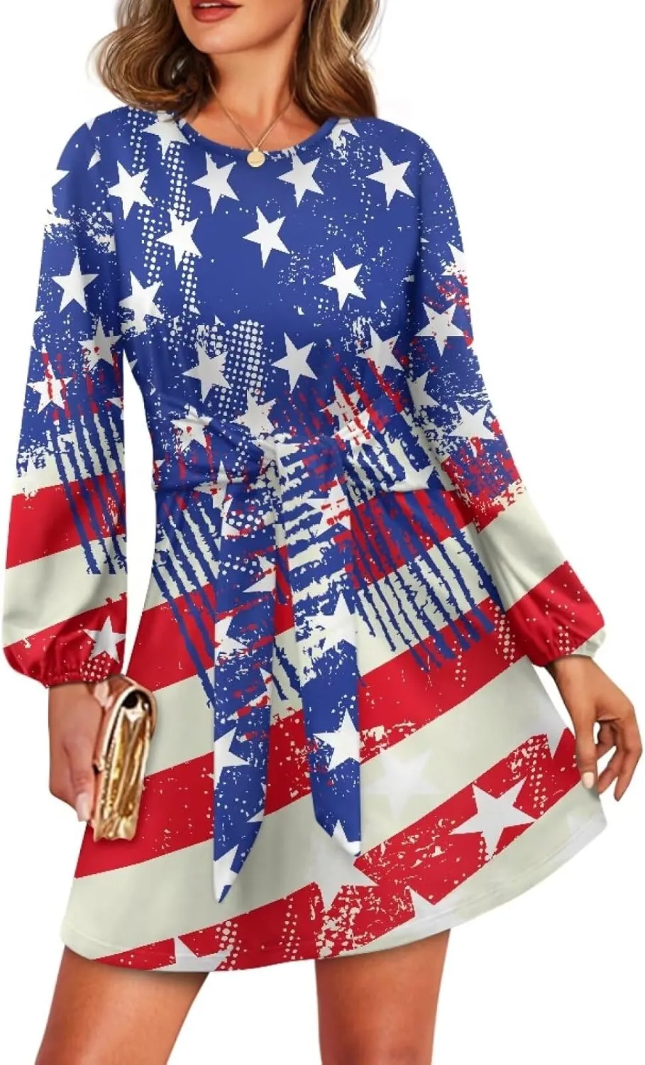 2024 Women's Dresses for Wedding Elegant Tie Waist Fall Mini Party Dress Round Neck Long Sleeve Polynesian Skirt