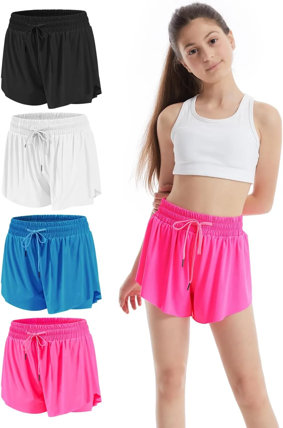 3-4 Packs Girls Flowy Butterfly Shorts Athletic 2 in 1 Running Active Skirt Shorts, Workout Short for Kids Teens
