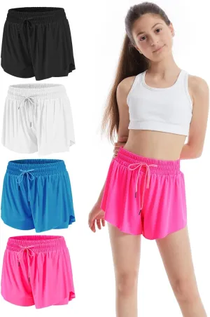 3-4 Packs Girls Flowy Butterfly Shorts Athletic 2 in 1 Running Active Skirt Shorts, Workout Short for Kids Teens