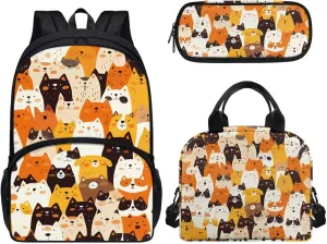 3 in 1 17 In Backpack Set for Boys Kids Cartoon Cat School Bookbag with Insulated Matching Lunch Kit Bag and Pencil Case Set Gift
