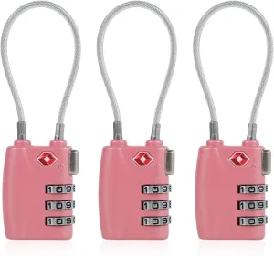 3pcs Cable Luggage Lock, Combination Travel Cable Locks, 3-Digit Padlock Re-Settable Combination Locker, Zinc Alloy Zipper Locks, Waterproof Suitcase Lock for Locker Backpack (Pink)