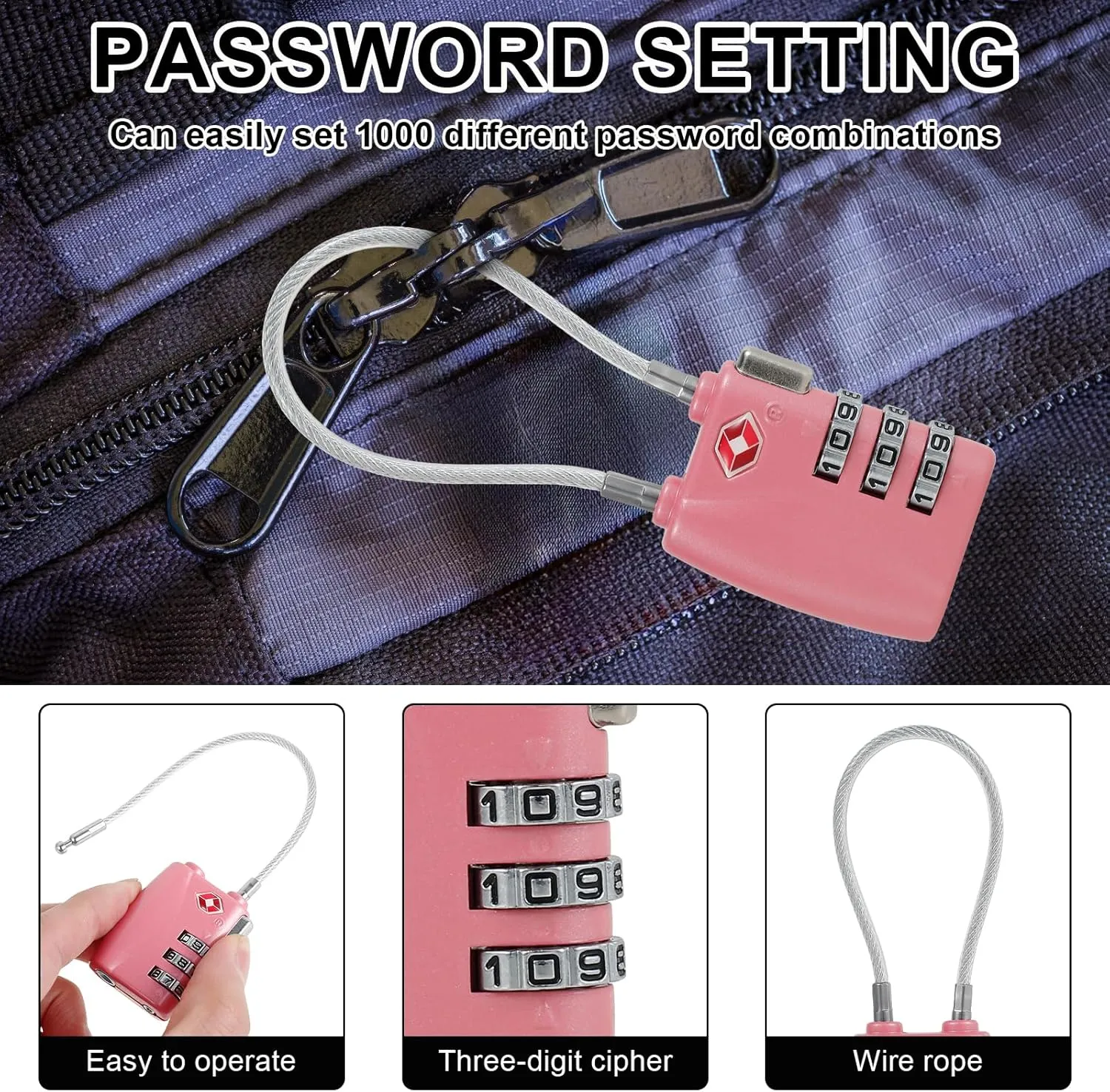 3pcs Cable Luggage Lock, Combination Travel Cable Locks, 3-Digit Padlock Re-Settable Combination Locker, Zinc Alloy Zipper Locks, Waterproof Suitcase Lock for Locker Backpack (Pink)