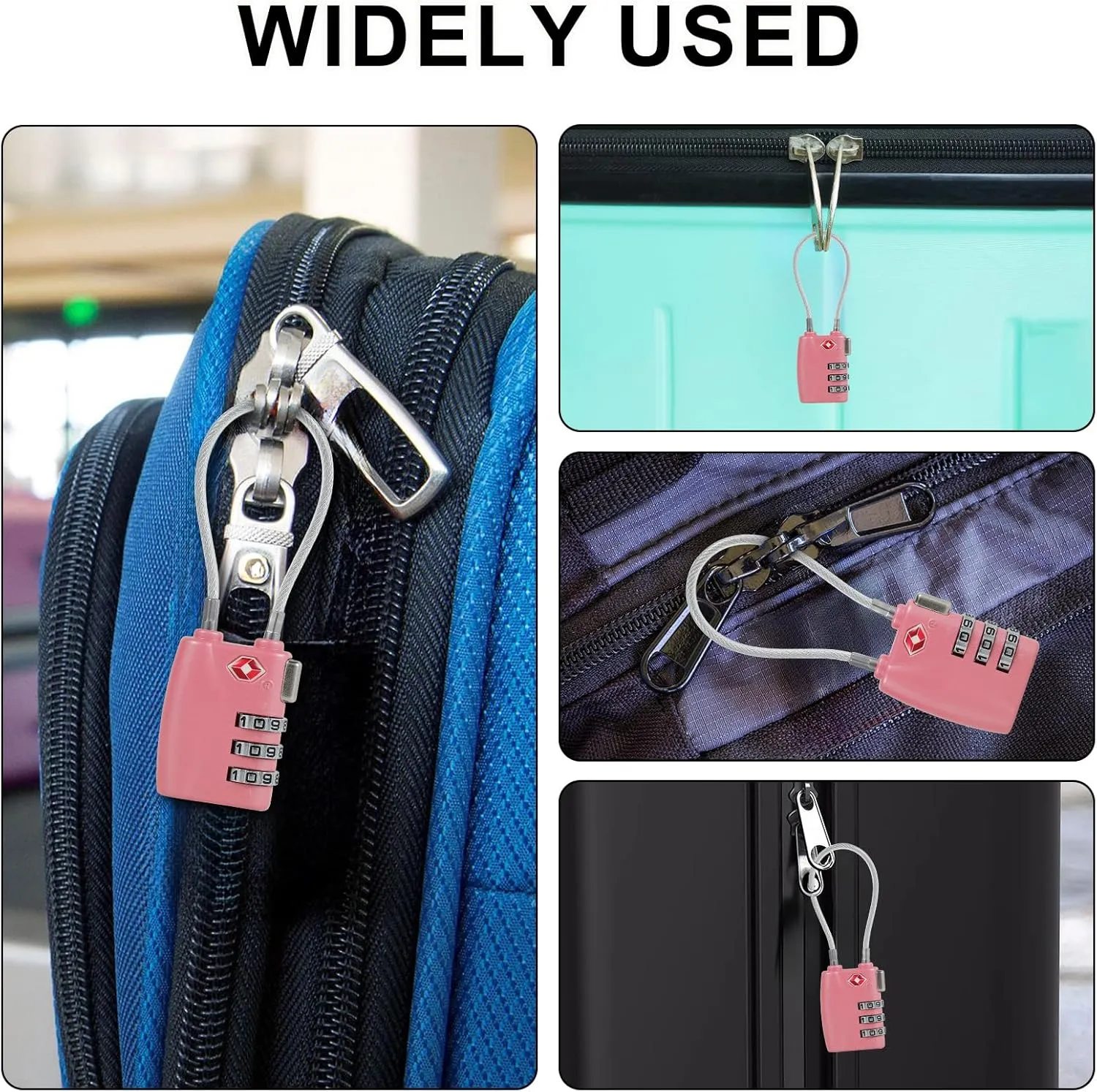 3pcs Cable Luggage Lock, Combination Travel Cable Locks, 3-Digit Padlock Re-Settable Combination Locker, Zinc Alloy Zipper Locks, Waterproof Suitcase Lock for Locker Backpack (Pink)