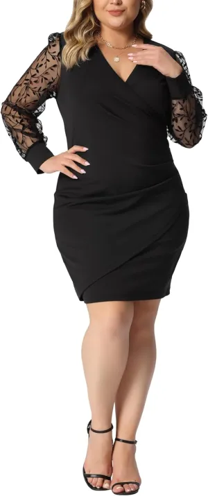 Agnes Orinda Plus Size Black Dresses for Women Deep V Neck Faux Wrap Long Sheer Sleeves Cocktail Party Dress