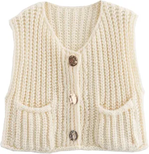 Ainangua Sleeveless Cropped Cardigan for Women Casual Chunky Knit Tank Tops Button Down Open Front Sweater Vest with Pockets