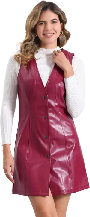 Allegra K Faux Leather Dress for Women's Pinafore Button Down V Neck Sleeveless Mini Overall Dresses