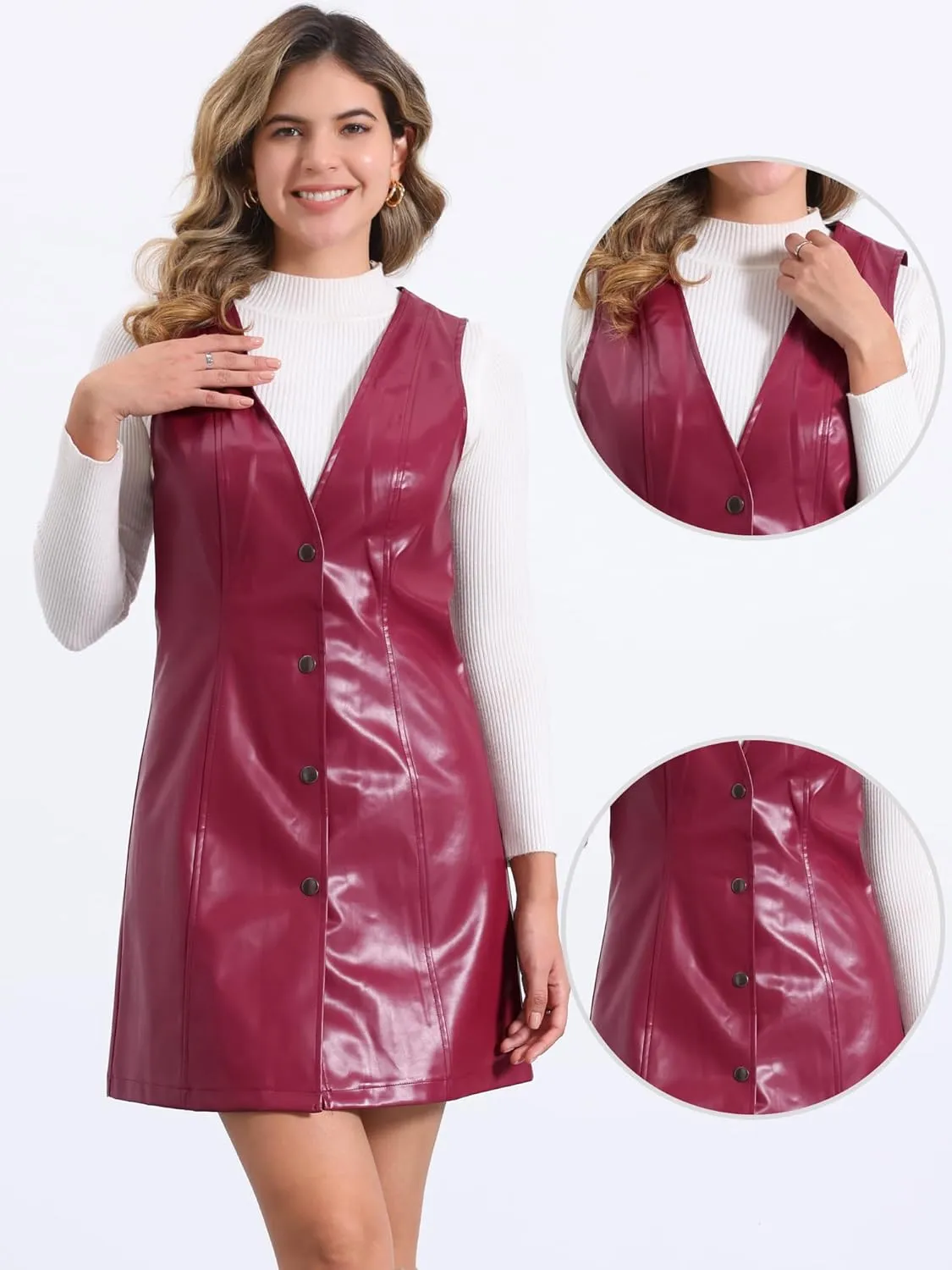 Allegra K Faux Leather Dress for Women's Pinafore Button Down V Neck Sleeveless Mini Overall Dresses