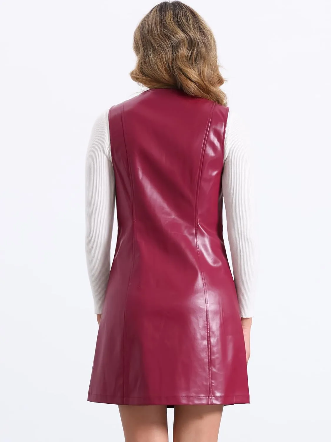 Allegra K Faux Leather Dress for Women's Pinafore Button Down V Neck Sleeveless Mini Overall Dresses