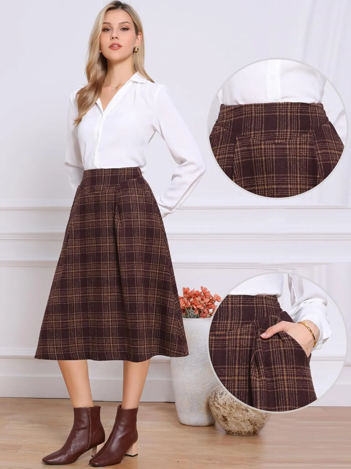 Allegra K Plaid Skirts for Women's Vintage High Waist Midi A-Line Pleated Skirt with Pockets