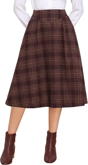Allegra K Plaid Skirts for Women's Vintage High Waist Midi A-Line Pleated Skirt with Pockets