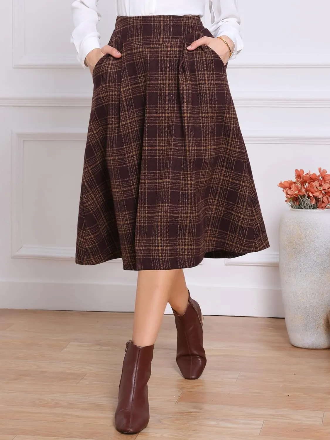 Allegra K Plaid Skirts for Women's Vintage High Waist Midi A-Line Pleated Skirt with Pockets