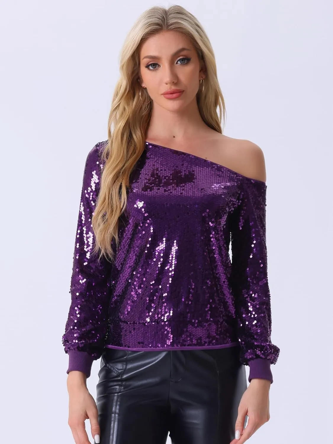 Allegra K Sparkly Sequin Top for Women's Off-Shoulder Long Sleeve Party Tops
