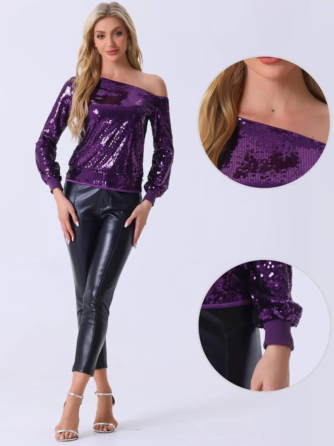 Allegra K Sparkly Sequin Top for Women's Off-Shoulder Long Sleeve Party Tops