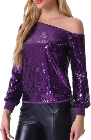 Allegra K Sparkly Sequin Top for Women's Off-Shoulder Long Sleeve Party Tops
