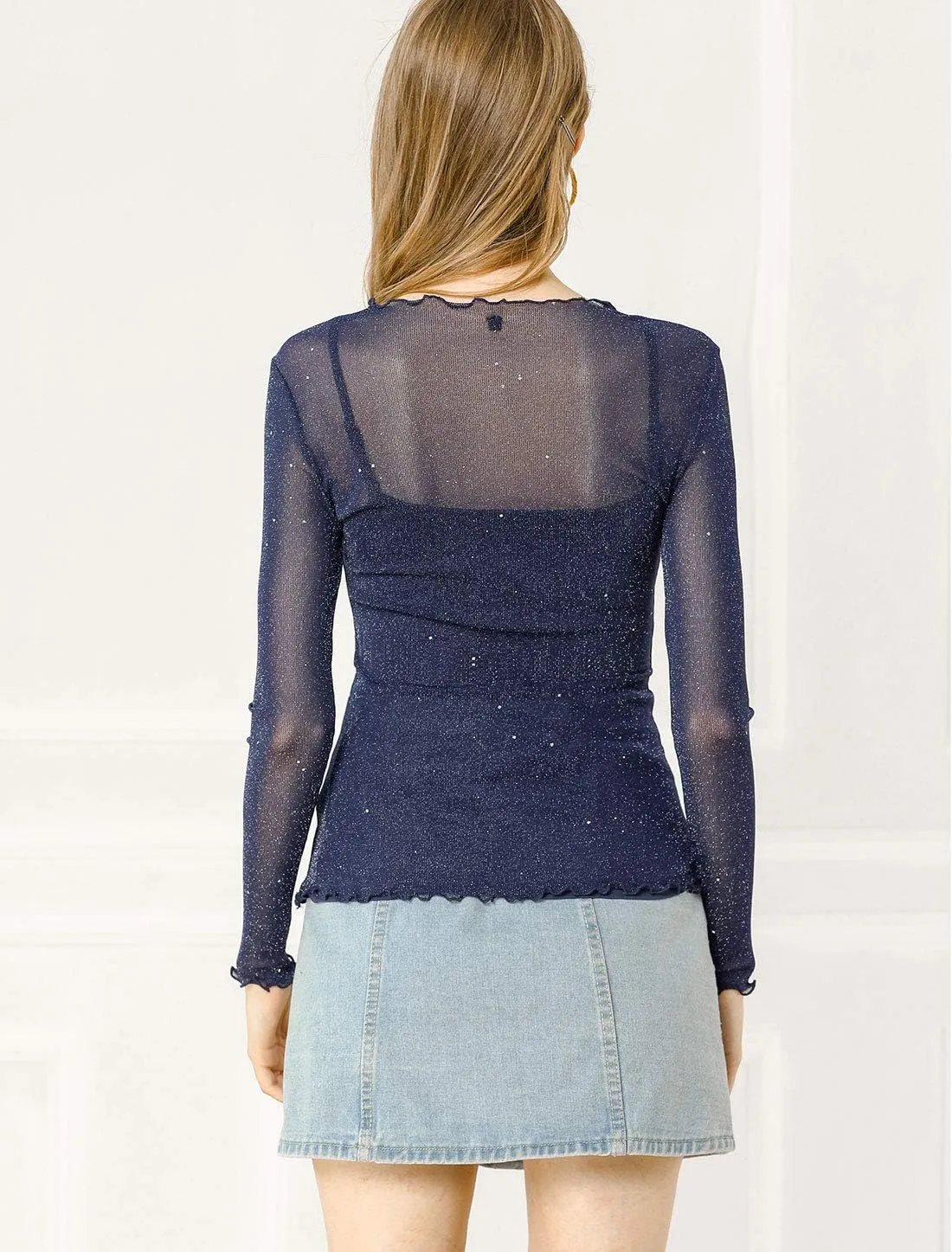 Allegra K Women's Long Sleeve Mesh Tops Spaghetti Strap Camisole Party Christmas Shirt