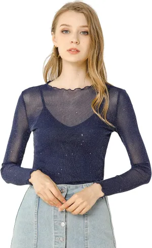 Allegra K Women's Long Sleeve Mesh Tops Spaghetti Strap Camisole Party Christmas Shirt