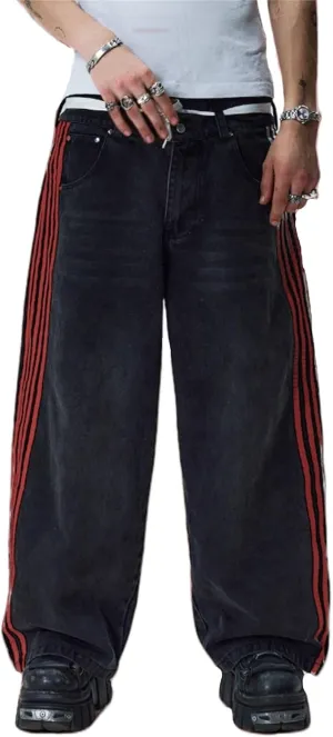 Alyweatry Mens Vintage Baggy Jeans Oversized Low Rise Y2k Striped Skateboard Denim Track Jeans Streetwear
