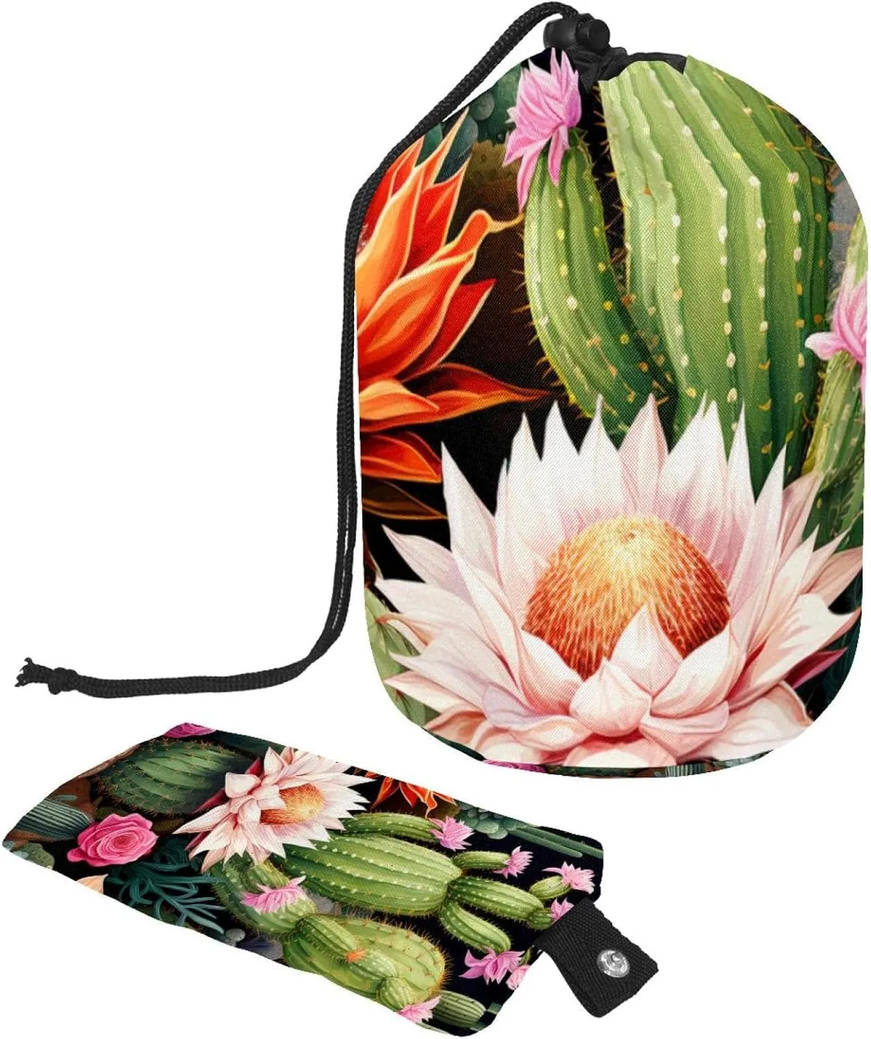 Art Colorful Flower with Cactus Travel Cosmetic Bags Makeup Bag for Women, Foldable Drawstring Travel Cosmetic Bags, Portable Toiletry Bucket Bag