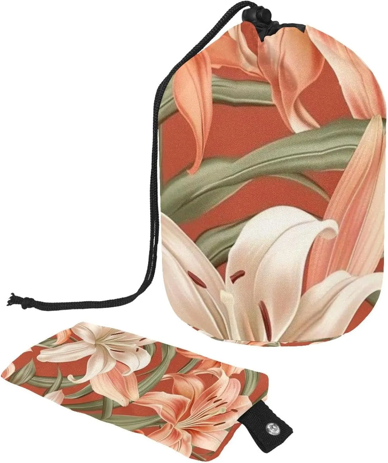 Art Florals Lilies Salmon Travel Cosmetic Bags Makeup Bag for Women, Foldable Drawstring Travel Cosmetic Bags, Portable Toiletry Bucket Bag