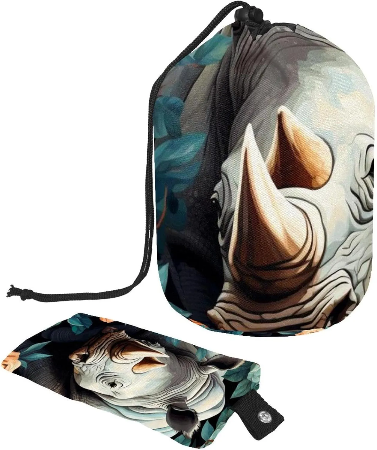 Art Flowers Rhino 57 Travel Cosmetic Bags Makeup Bag for Women, Foldable Drawstring Travel Cosmetic Bags, Portable Toiletry Bucket Bag