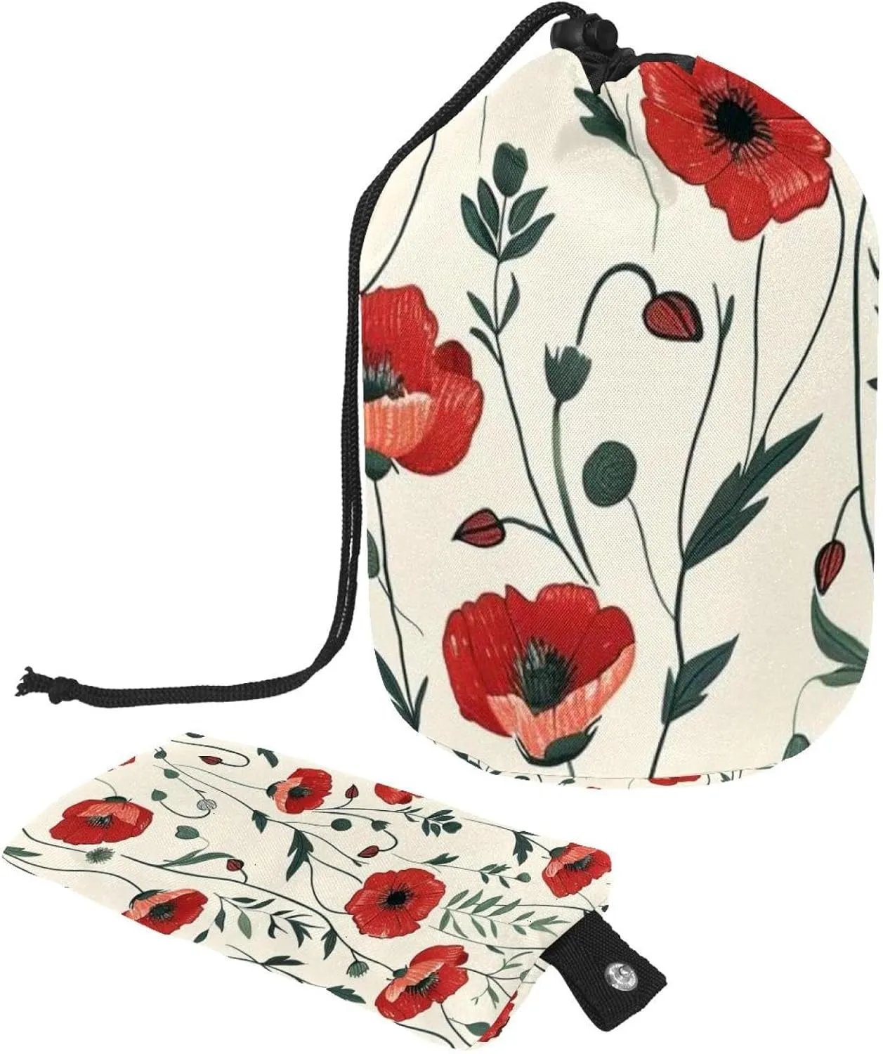 Art Red Poppies Meadow Travel Cosmetic Bags Makeup Bag for Women, Foldable Drawstring Travel Cosmetic Bags, Portable Toiletry Bucket Bag