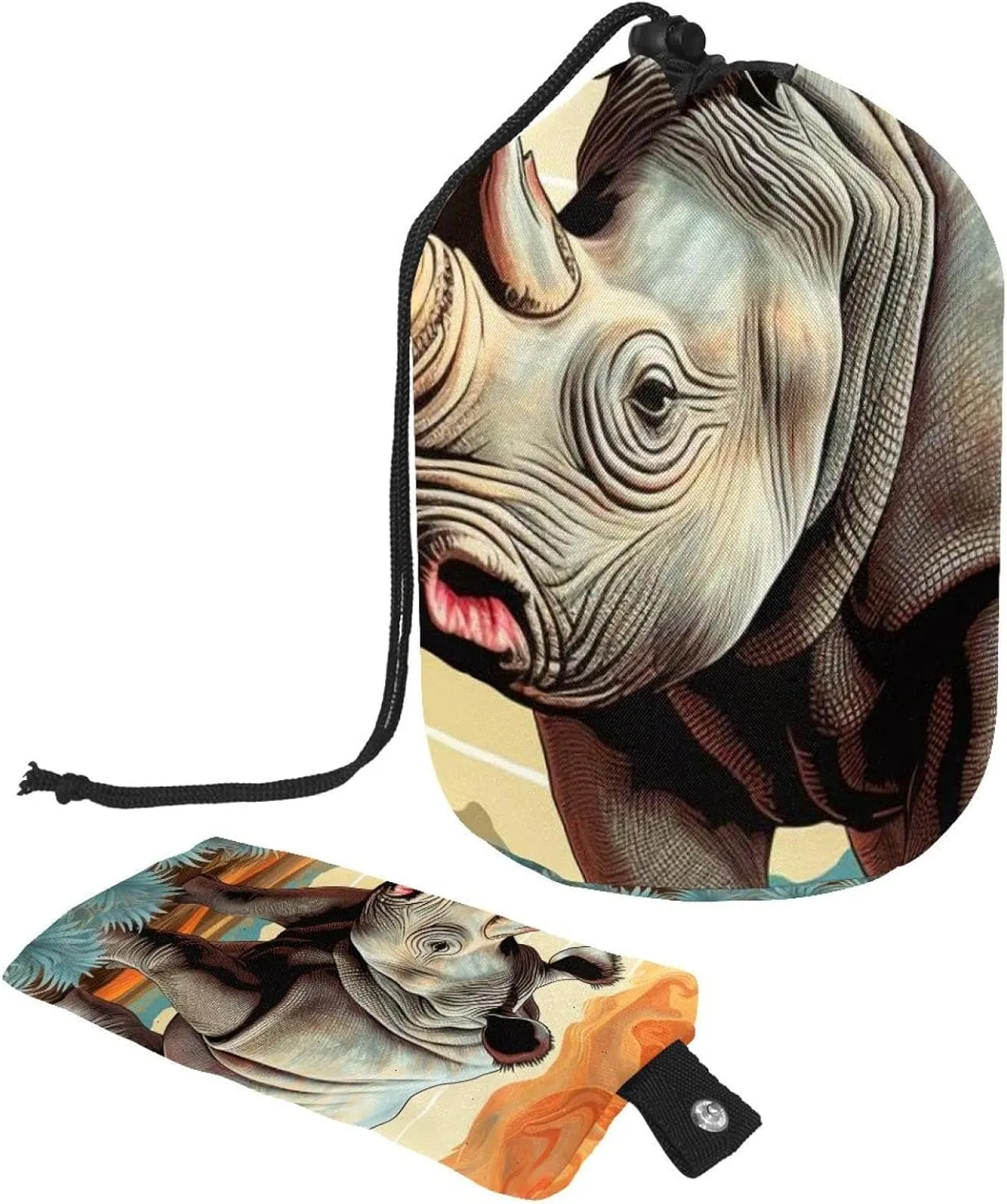Art Rhino Pattern 29 Travel Cosmetic Bags Makeup Bag for Women, Foldable Drawstring Travel Cosmetic Bags, Portable Toiletry Bucket Bag
