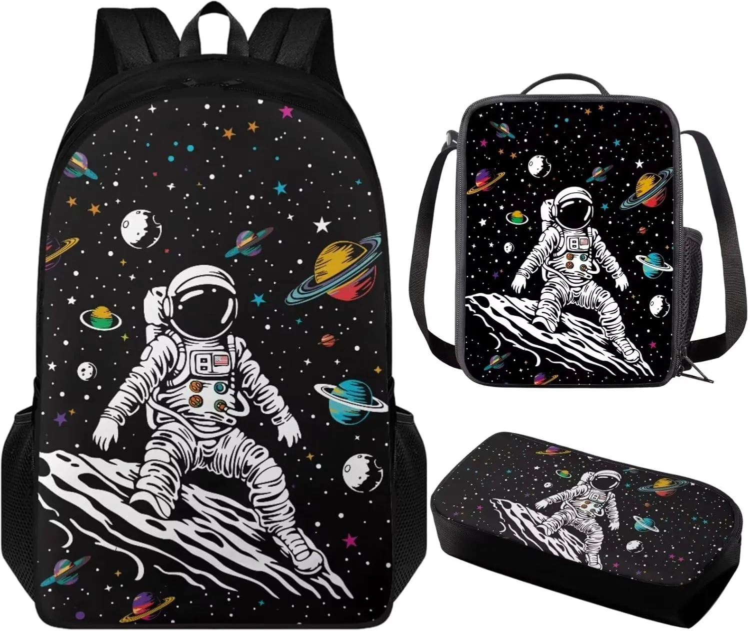 Astronaut 3Pcs Kids Backpack Set School Bag for Boys 6-8 Years Old Teens Large Capacity 17 inch Big School Bookbag for Kindergarten Elementary Middle High School Simple