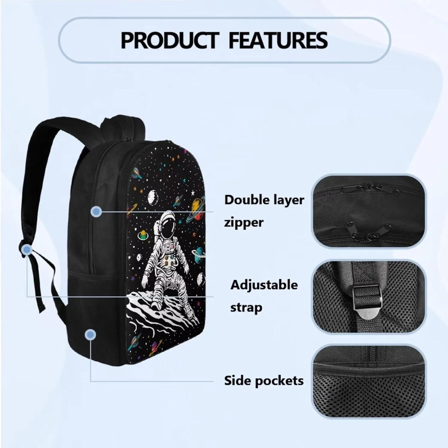 Astronaut 3Pcs Kids Backpack Set School Bag for Boys 6-8 Years Old Teens Large Capacity 17 inch Big School Bookbag for Kindergarten Elementary Middle High School Simple