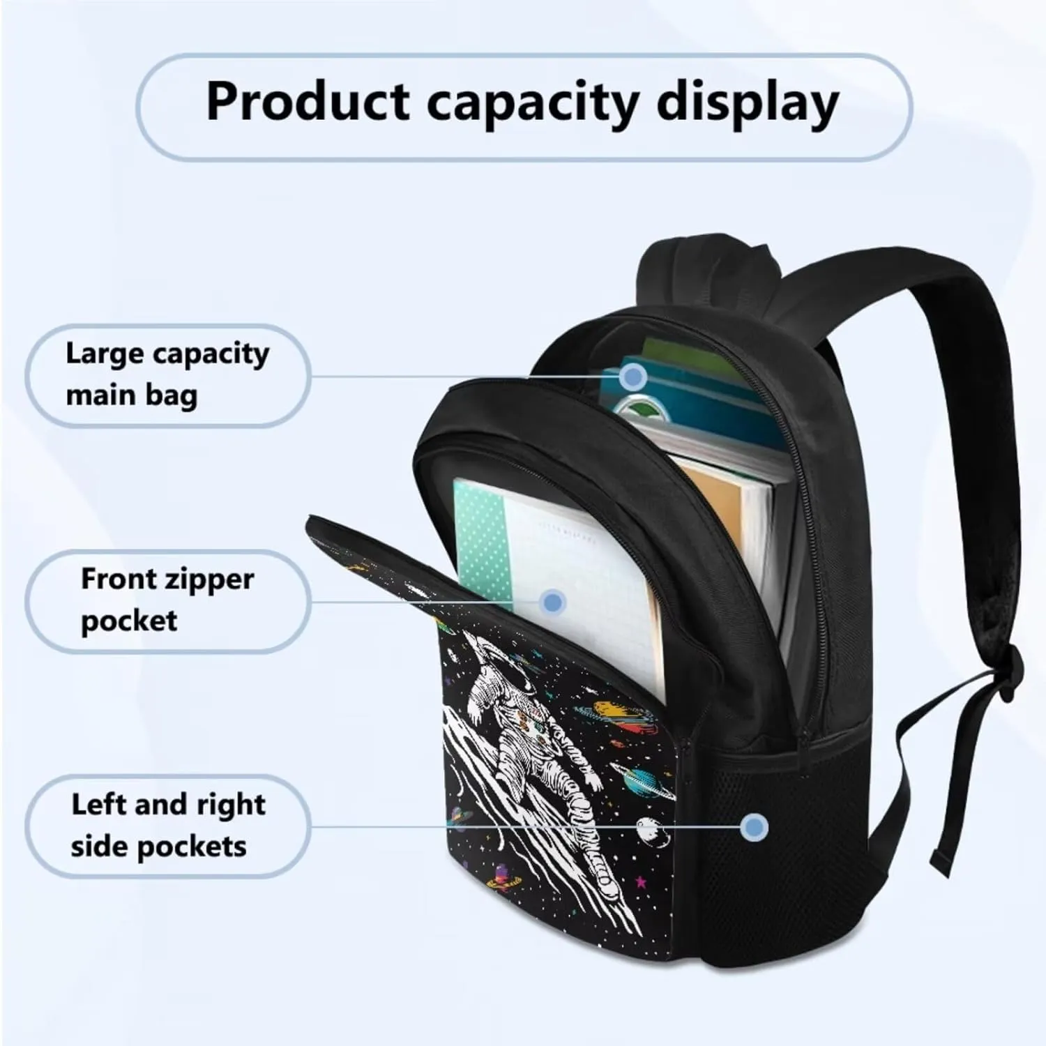 Astronaut 3Pcs Kids Backpack Set School Bag for Boys 6-8 Years Old Teens Large Capacity 17 inch Big School Bookbag for Kindergarten Elementary Middle High School Simple