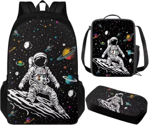 Astronaut 3Pcs Kids Backpack Set School Bag for Boys 6-8 Years Old Teens Large Capacity 17 inch Big School Bookbag for Kindergarten Elementary Middle High School Simple
