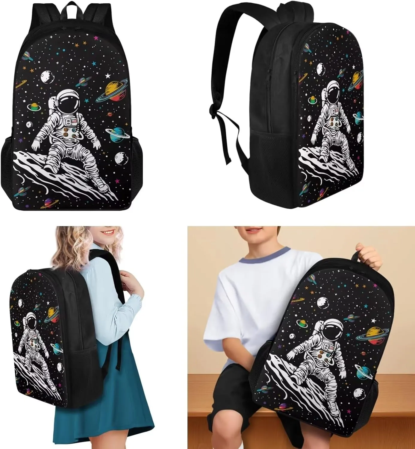 Astronaut 3Pcs Kids Backpack Set School Bag for Boys 6-8 Years Old Teens Large Capacity 17 inch Big School Bookbag for Kindergarten Elementary Middle High School Simple