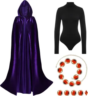 ATENTO Women's Halloween Cosplay Costume Purple Hooded Cloak Cape Long Sleeve Bodysuits with Adjustable Red Gem Waist Belt