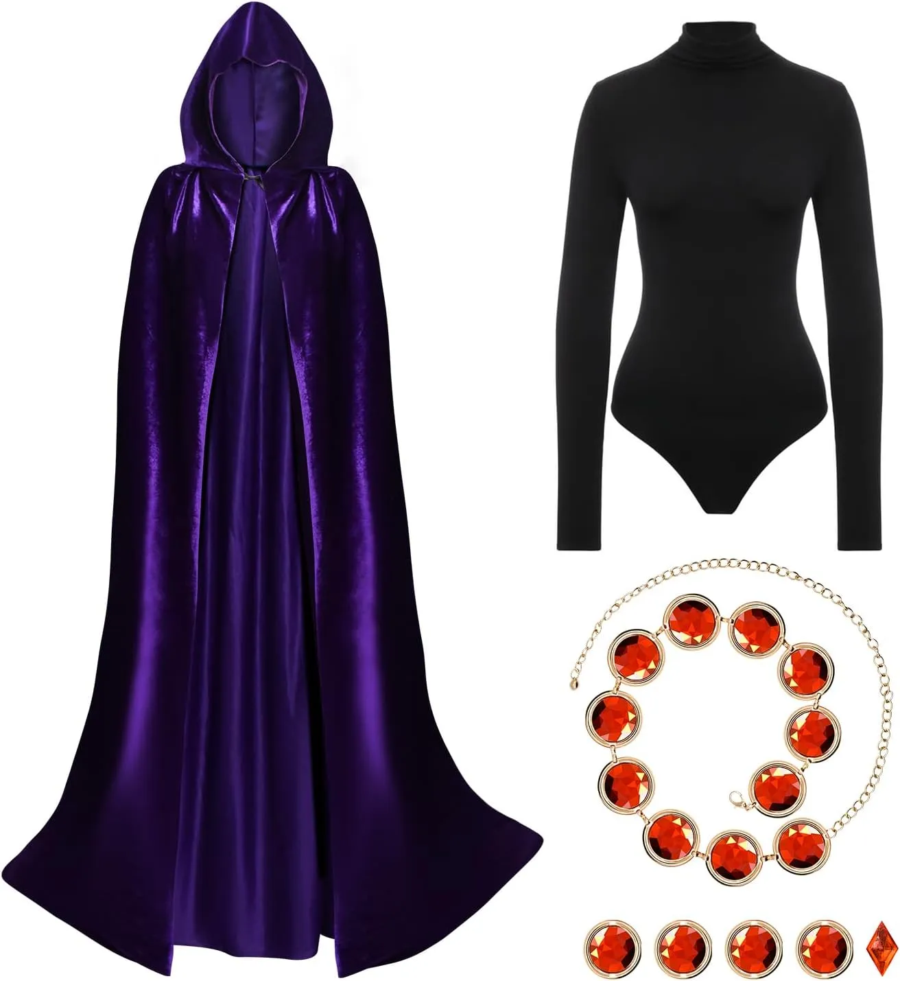 ATENTO Women's Halloween Cosplay Costume Purple Hooded Cloak Cape Long Sleeve Bodysuits with Adjustable Red Gem Waist Belt
