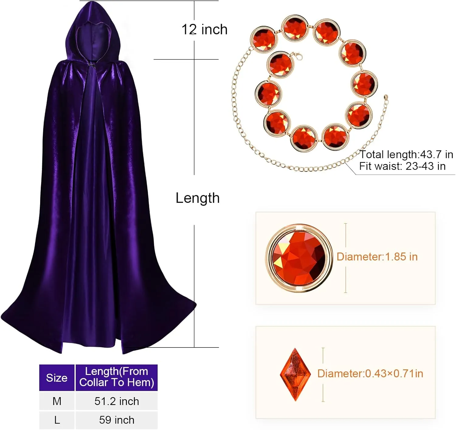 ATENTO Women's Halloween Cosplay Costume Purple Hooded Cloak Cape Long Sleeve Bodysuits with Adjustable Red Gem Waist Belt