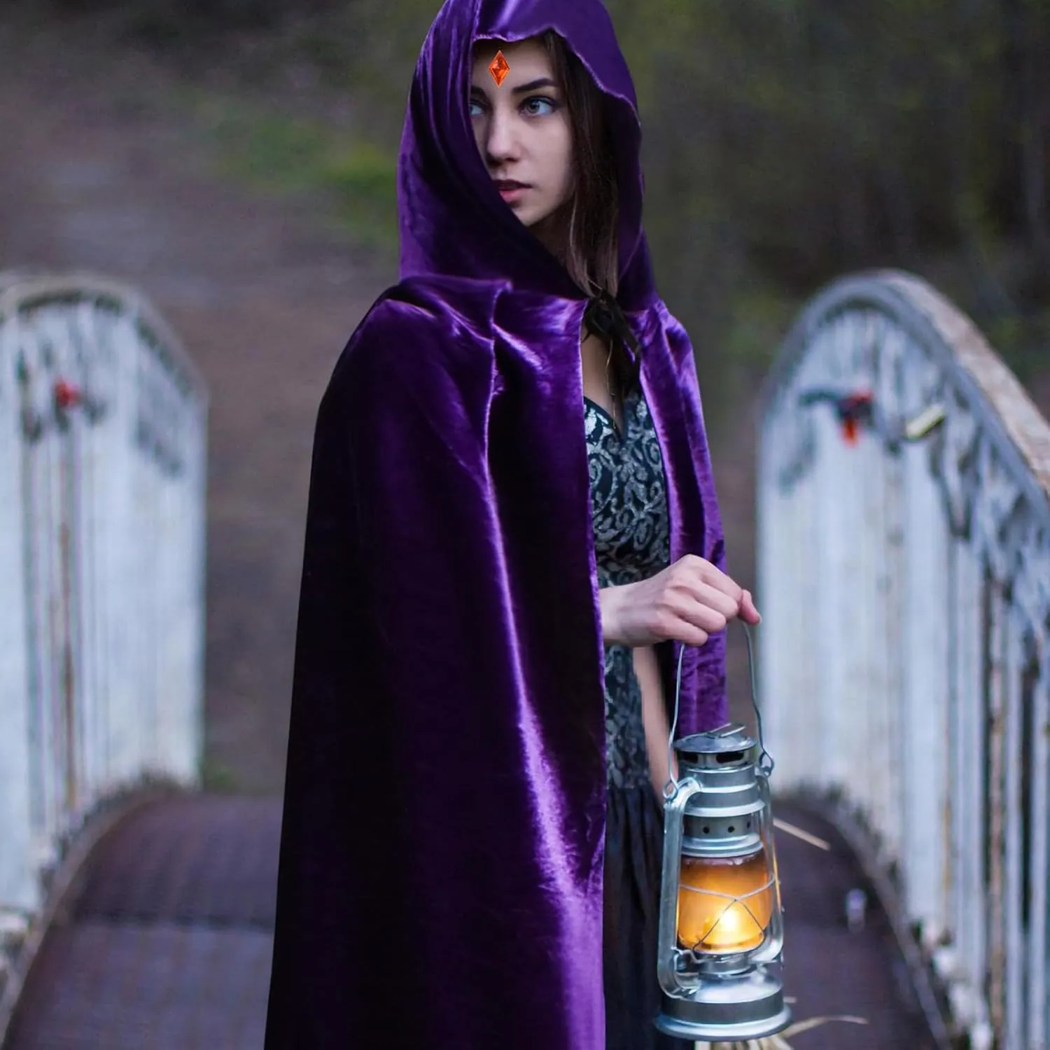 ATENTO Women's Halloween Cosplay Costume Purple Hooded Cloak Cape Long Sleeve Bodysuits with Adjustable Red Gem Waist Belt