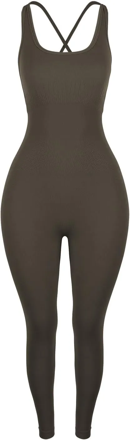 AUROLA Women Jumpsuits for Workout Yoga Gym, Seamless Strappy One Piece Padded Bra Bodysuits