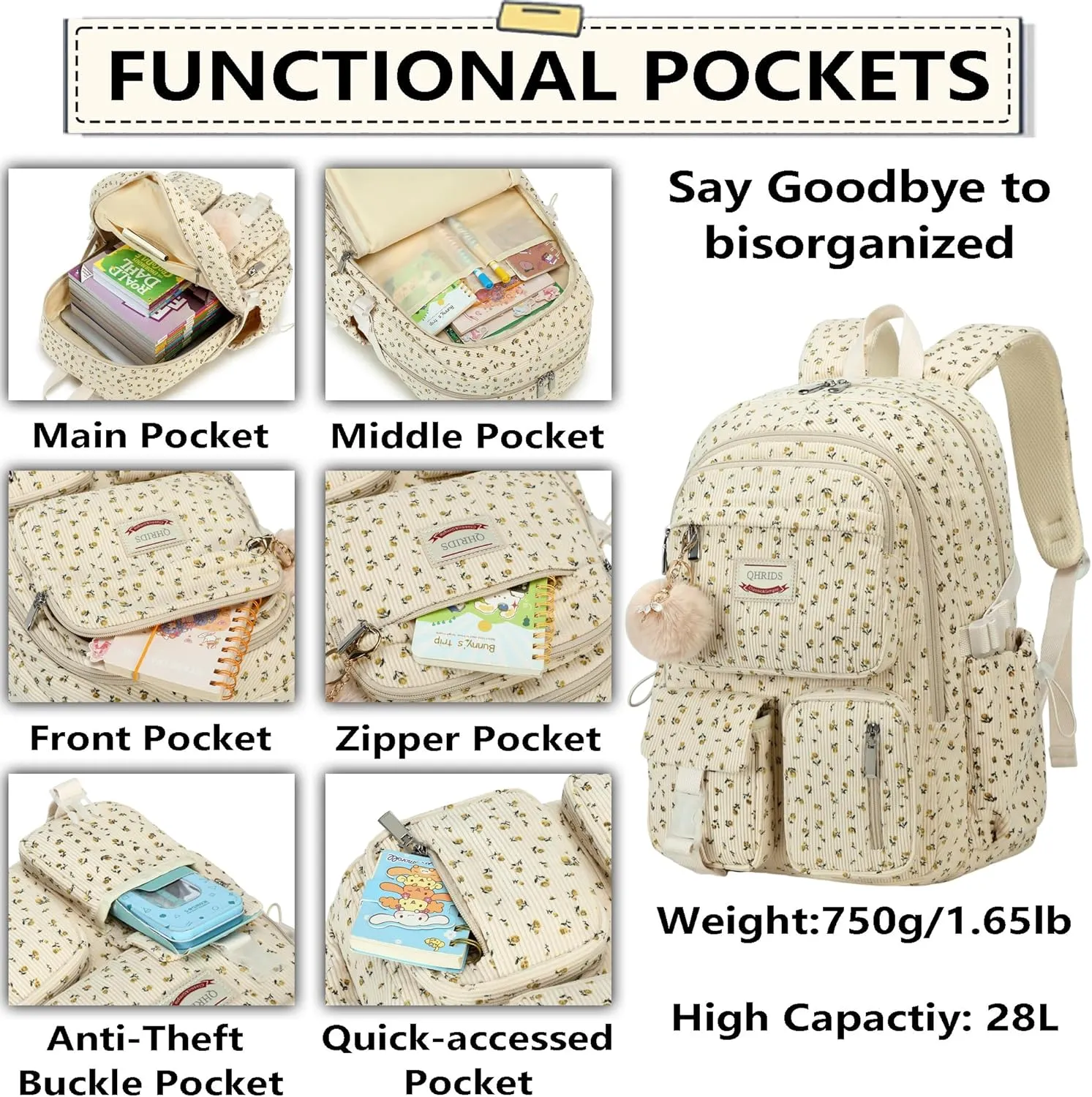 Backpack for Girls Big Student Corduroy Laptop Backpack for College Kids Elementary Middle High School Bag Anti Theft Bookbag Travel Daypack Womens(Corduroy Beige Floral)