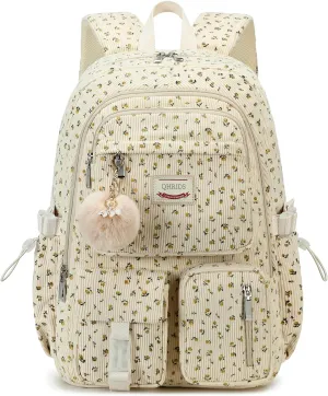 Backpack for Girls Big Student Corduroy Laptop Backpack for College Kids Elementary Middle High School Bag Anti Theft Bookbag Travel Daypack Womens(Corduroy Beige Floral)